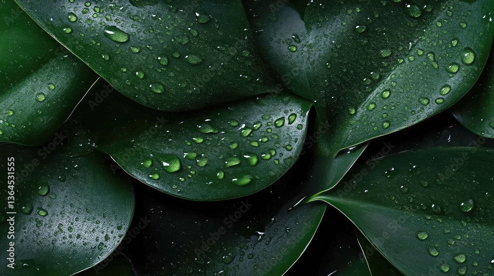Obraz premium Close-up of lush, dark green leaves, covered in water droplets