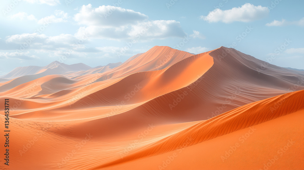 Naklejka premium stunning desert landscape featuring rolling sand dunes with warm orange tones under clear blue sky. scene evokes sense of tranquility and vastness, inviting exploration and adventure