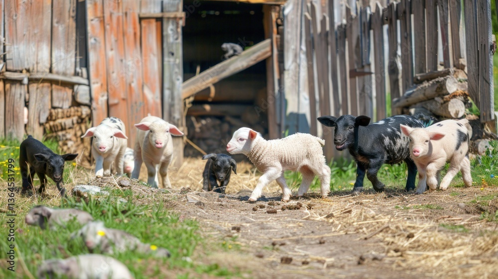 Obraz premium Baby lambs and piglets exploring the barnyard.