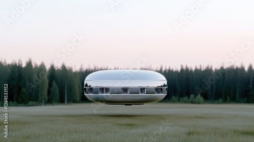 Wallpaper Mural Metallic disc-shaped craft floats silently over a grassy field, serene forest backdrop Torontodigital.ca