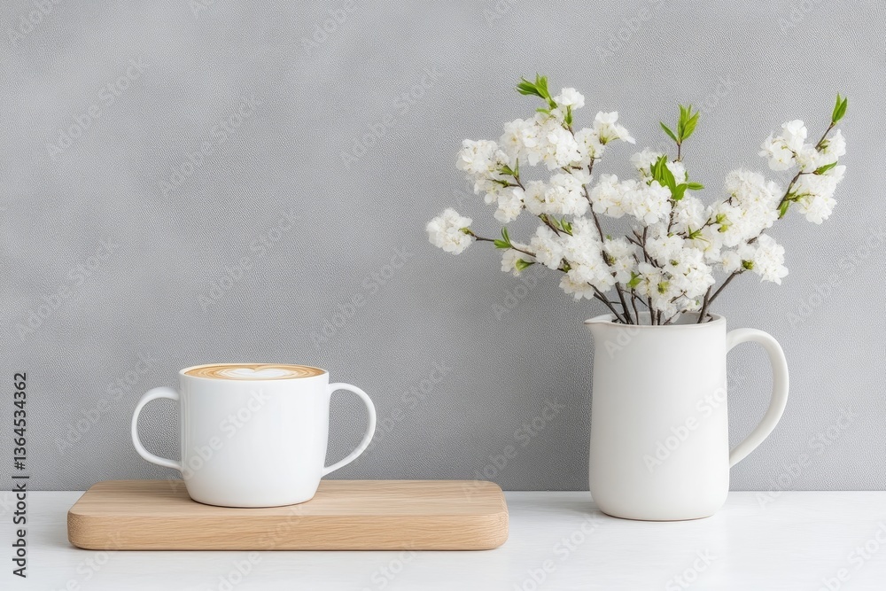 Simple, elegant, spring-themed still life featuring a cup of cappuccino and a vase of white flowers against a gray background Simple, elegant, spring-themed still life featuring a cup of cappuccino and a vase of white flowers against a gray background