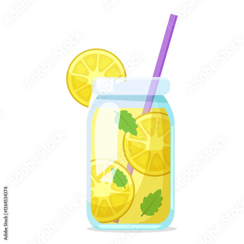 Lemonade in a mason jar with lemon slices, mint leaves, and a straw on a white background. Refreshing summer drink concept. Vector illustration