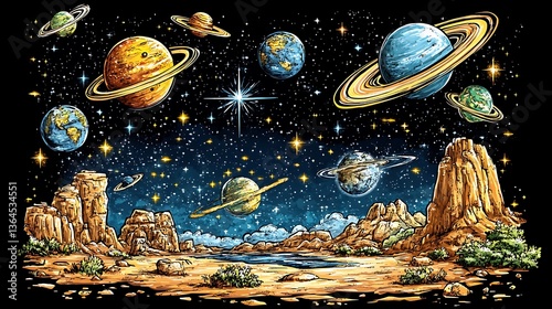 Fototapeta Naklejka Na Ścianę i Meble -  Psychedelic space scene over desert landscape.