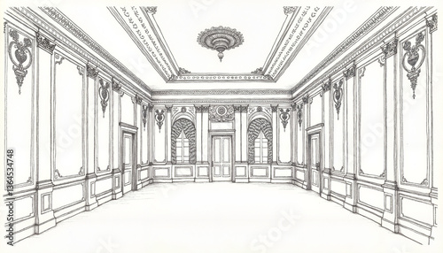 Elegant interior architectural design of a ballroom in black and white  