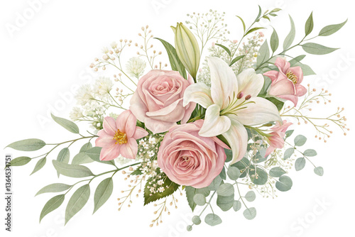 Elegant watercolor painting of a romantic floral bouquet featuring roses lilies and eucalyptus