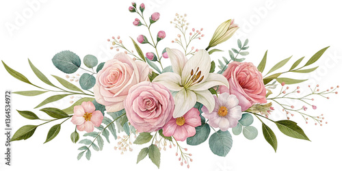 Elegant watercolor painting of a beautiful blush pink and white floral bouquet