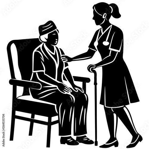 A silhouette of a nurse in scrubs, providing comfort to an elderly patient, holding their hand