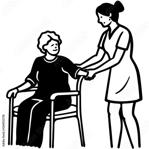 A silhouette of a nurse in scrubs, providing comfort to an elderly patient, holding their hand