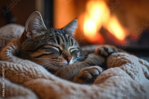 A domestic cat rests on a cozy blanket near a crackling fireplace