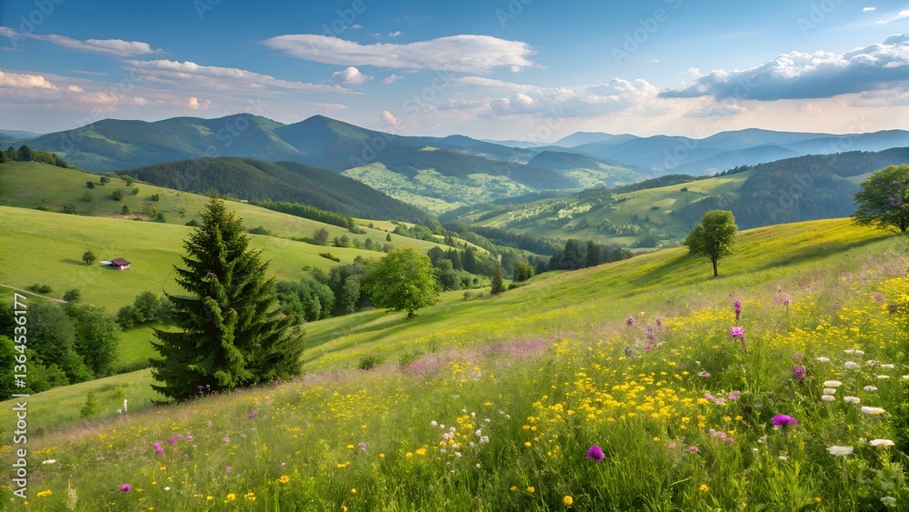 Obraz premium Idyllic mountain landscape with fresh green meadows and blooming wildflowers. Idyllic nature countryside view, rural outdoor natural view. idyllic banner nature, panoramic spring summer scenery