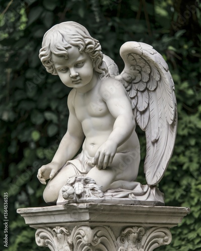  a stone sculpture of a cherubic angel. The cherub is depicted kneeling on a pedestal, with a thoughtful or slightly sad expression. 