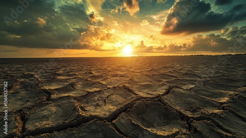 Environmental issues, climate change, deforestation, degradation of natural resources, and marine pollution. Dramatic Sunset Over Cracked Earth Landscape