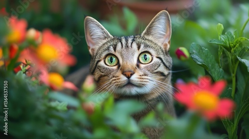 A cat with bright green eyes sits amidst a colorful bouquet of flowers