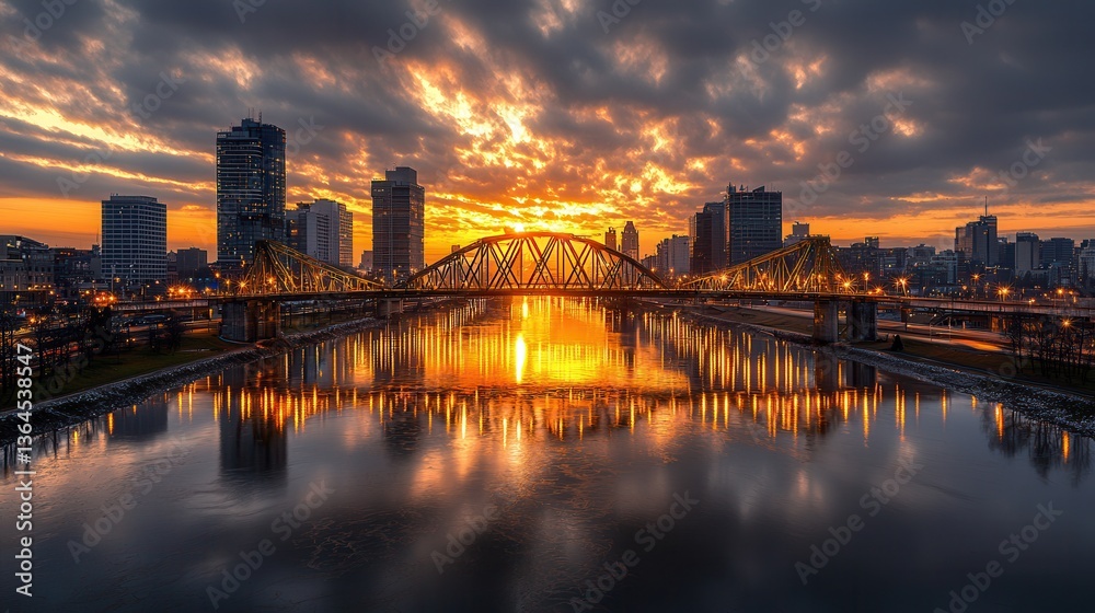 Fototapeta premium Stunning sunset cityscape view featuring a bridge reflecting on calm waters with city skyscrapers