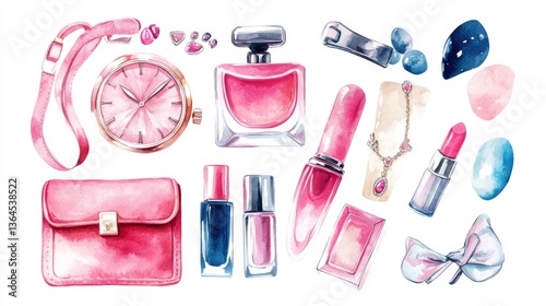 Set of  Watercolor make up artist objects: ladies watch, pink handbag, nail Polish, jewelry, shoes,  perfume. 