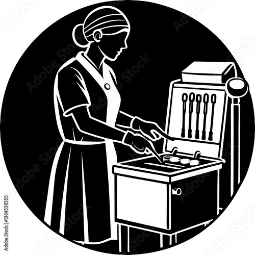 A silhouette of a nurse preparing medical equipment in a sterile environment, working with precision and efficiency