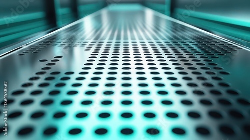 A silver industrial perforated panel reflecting a turquoise cyan glow. The precision-cut holes add depth to the high-tech surface.