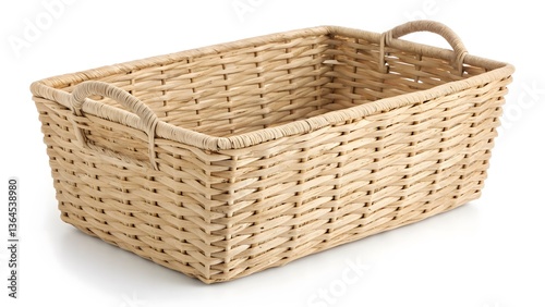 Handwoven Rattan Basket with a Minimalist Design, Isolated on a White Background, ideal for boho and minimalist home decor, Clean and Modern Natural Home Decor Stock Image