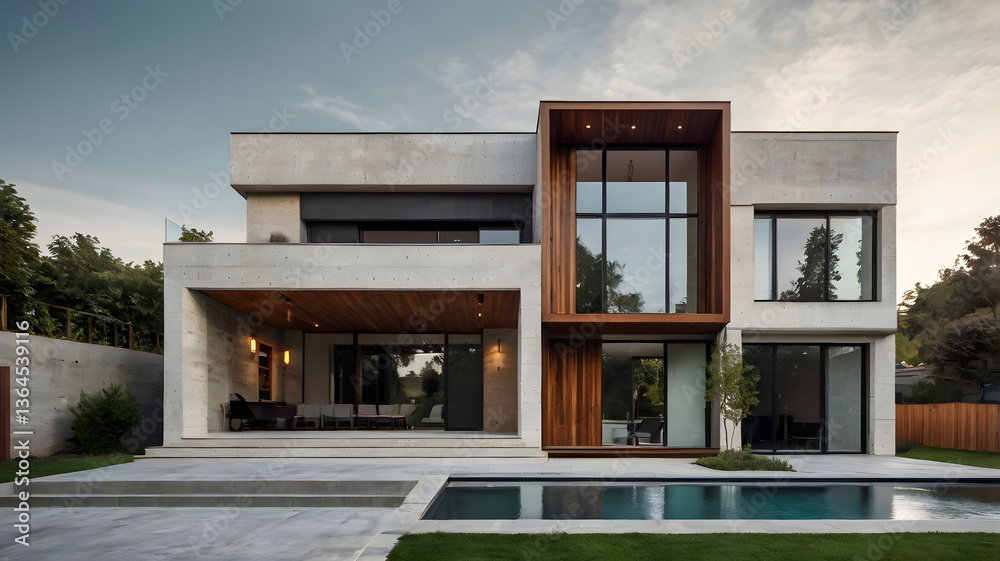A modern minimalist house design, front view, with clean lines, flat roof, large windows, and a mix of concrete, glass, and wood materials. A modern minimalist house design, front view, with clean lines, flat roof, large windows, and a mix of concrete, glass, and wood materials.