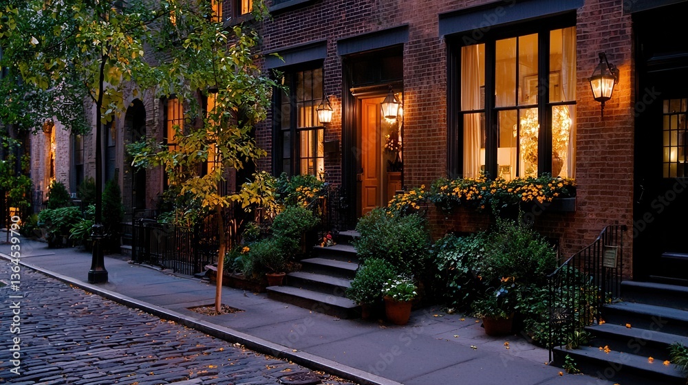 Fototapeta premium Charming Evening Scene Brownstone Townhouses with Illuminated Windows and Cobblestone Street