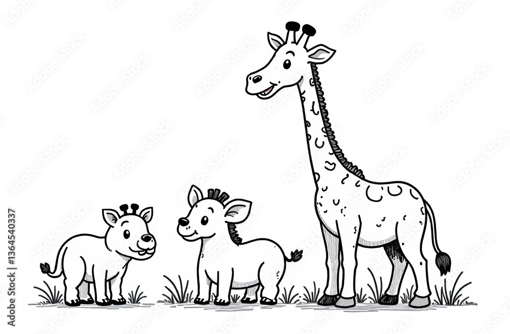 Fototapeta premium cartoon safari animals group coloring page