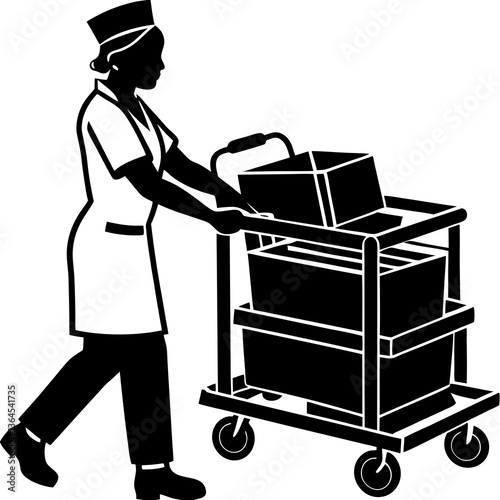A silhouette of a nurse pushing a hospital cart filled with medical supplies, moving efficiently down a hallway