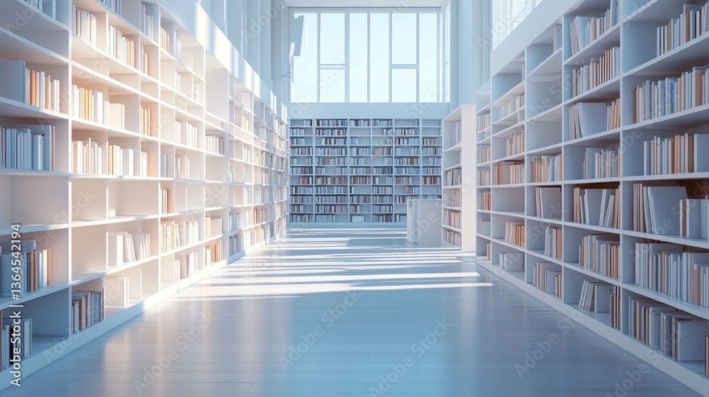 Library. Background from white bookshelves with books and textbooks. Learning and education concept. 3d illustration Library. Background from white bookshelves with books and textbooks. Learning and education concept. 3d illustration