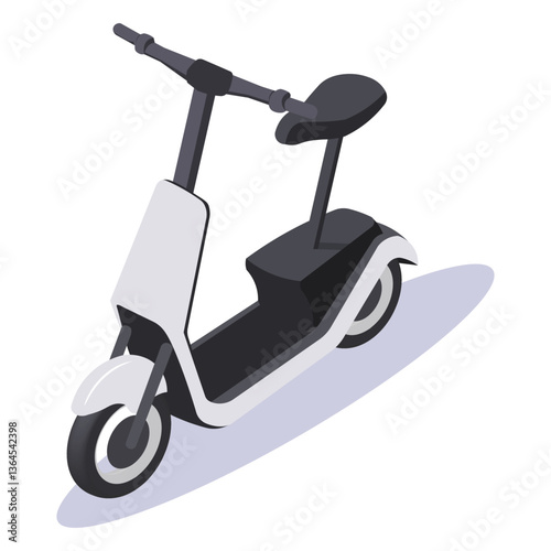 Isometric electric scooter with a seat in black and white colors on a white background. Concept of eco-friendly urban transportation. Vector illustration