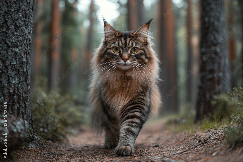 A long haired cat explores the forest floor A long haired cat explores the forest floor