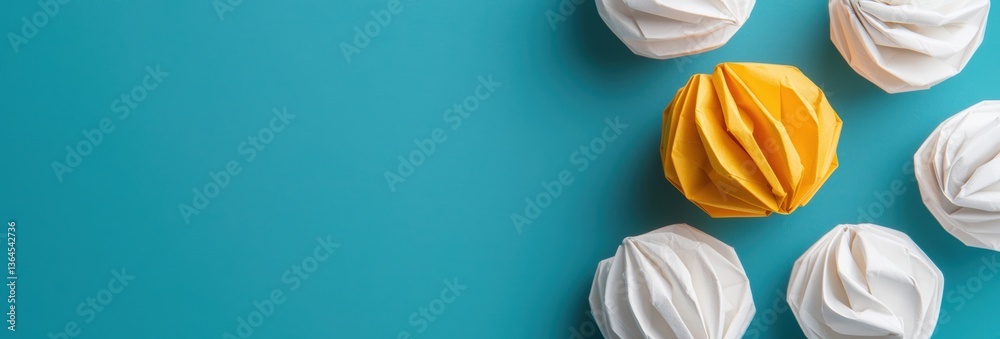 Close Up of Yellow Marshmallow Surrounded By White Marshmallows on Teal Background in Flat Lay Style