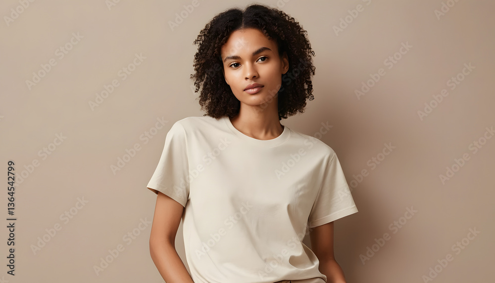 Obraz premium A woman model in a neutral-colored plain t-shirt, with a confident yet relaxed pose, set against a minimalistic backdrop