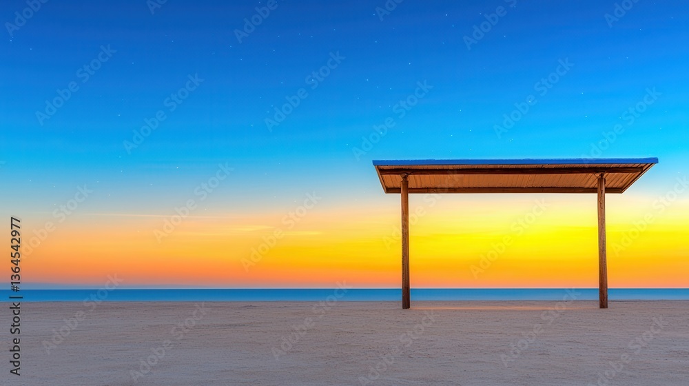 Serene Beach Sunset Landscape A Wooden Shelter Silhouetted Against Vibrant Sky Serene Beach Sunset Landscape A Wooden Shelter Silhouetted Against Vibrant Sky