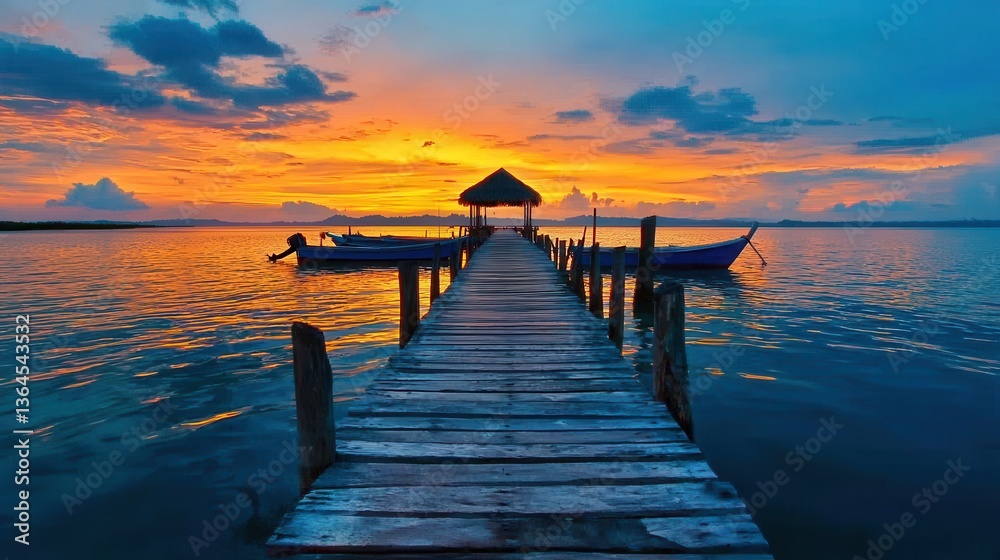 Fototapeta premium Serene Sunset over Calm Ocean Waters Wooden Pier Boats Tropical Paradise