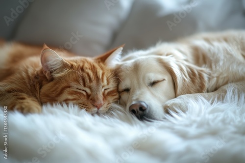 Wallpaper Mural Cozy Companions: A heartwarming scene of a ginger cat and a golden retriever dog, curled up together in a moment of peaceful slumber on a plush, textured surface. Torontodigital.ca