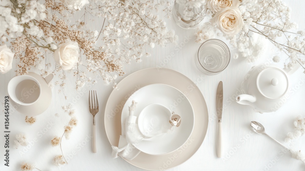 Elegant Table Setting with Delicate Flowers and Fine Dining Essentials Elegant Table Setting with Delicate Flowers and Fine Dining Essentials