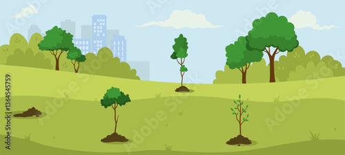 Small trees growing in a green park with a city skyline in the background, under a blue sky with clouds. Concept of afforestation and environment. Vector illustration