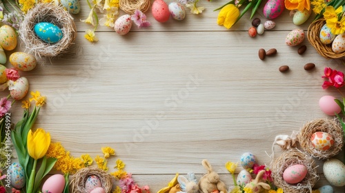 Wallpaper Mural Easter Frame with Colorful Eggs and Spring Greenery  Torontodigital.ca