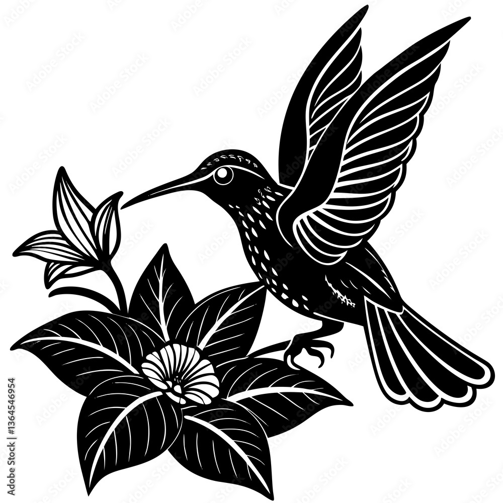 Obraz premium A beautifully detailed black-and-white line art illustration of a hummingbird in mid-flight