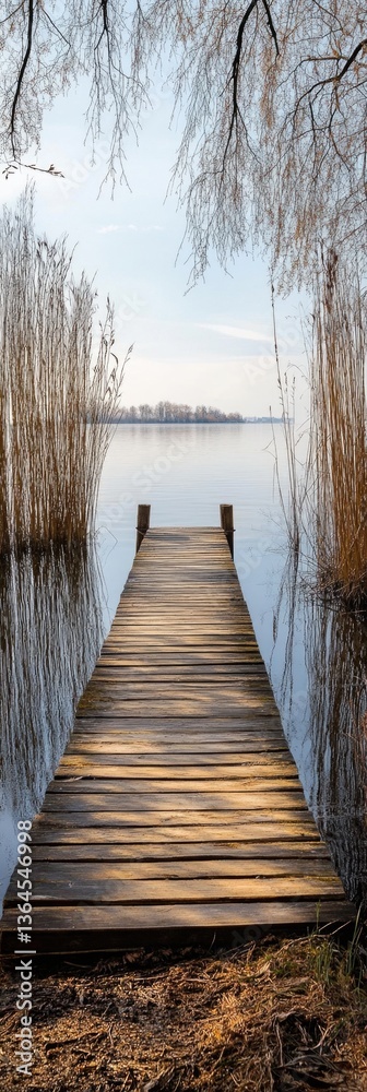 Obraz premium A wooden dock extends into the calm water, suitable for relaxation or fishing