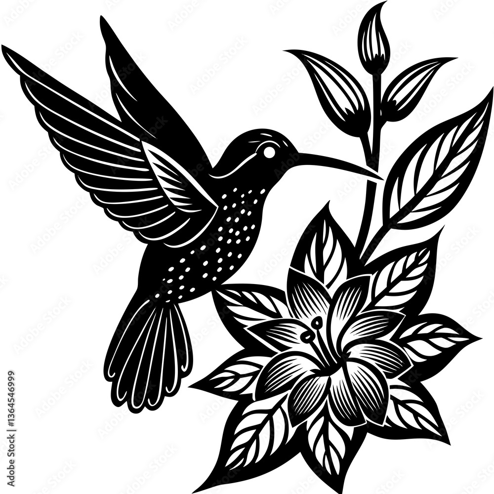 Obraz premium A beautifully detailed black-and-white line art illustration of a hummingbird in mid-flight