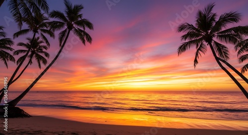 夕焼け空、ヤシの木シルエット、穏やかな波、美しい南国風景