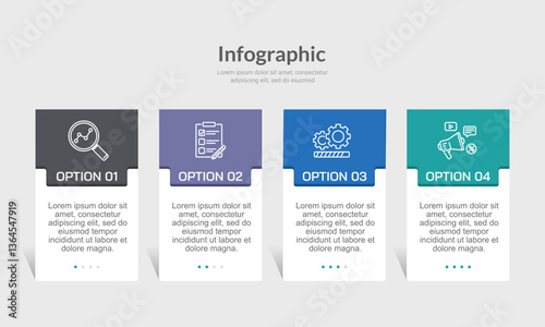 4 process or option infographic element design template. Strategy, Information, Plan, Report and Presentation. Vector illustration.