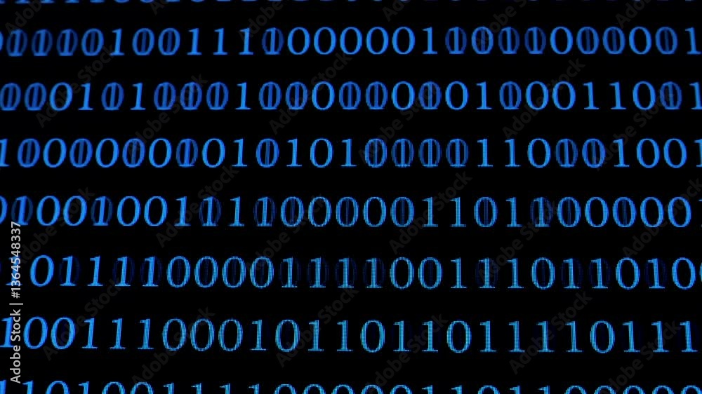 A close-up of a screen displaying binary code in blue on a black background, representing digital data, computing, and encryption concepts.