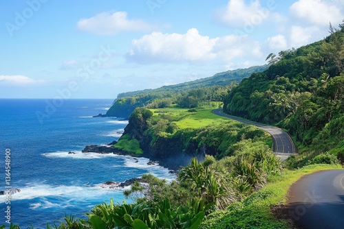 A vehicle drives along a scenic oceanfront route with cliffs and waves in the background