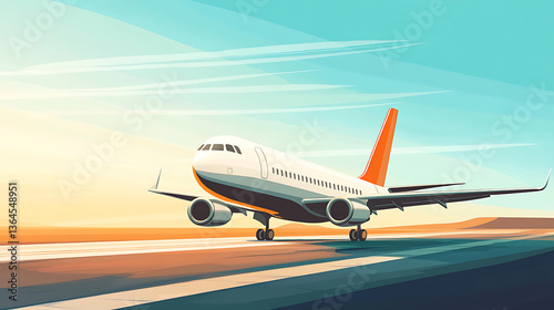 Wallpaper Mural Stylized of an Airplane on the Runway Travel, Aviation, and Transportation at Sunset. Commercial Aircraft Arrival Torontodigital.ca