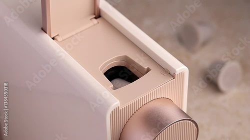 A woman's hand inserts a plastic recyclable coffee capsule with a paper lid into a capsule coffee machine in pale beige, champagne or rose gold. Kitchen appliances