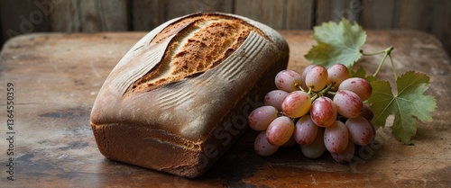 Bread loaf with grapes on wooden background
