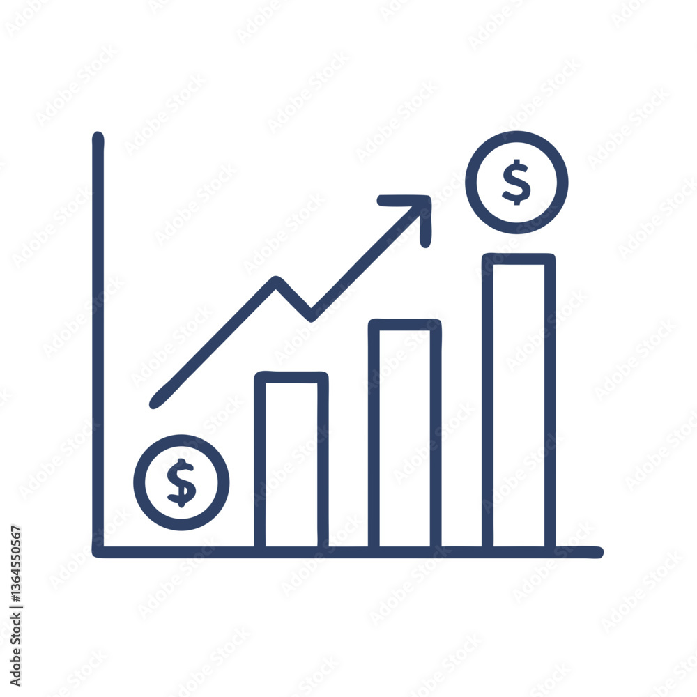 Growing sales bar chart icon with dollar signs in flat line style Growing sales bar chart icon with dollar signs in flat line style