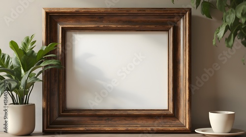 Elegant wooden frame displayed on a table with greenery and a cup, creating a serene atmosphere in a cozy room