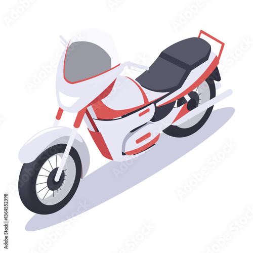 Isometric motorcycle with red and white details, featuring a windshield and saddlebags. Stylish and modern transport concept on white background. Vector illustration